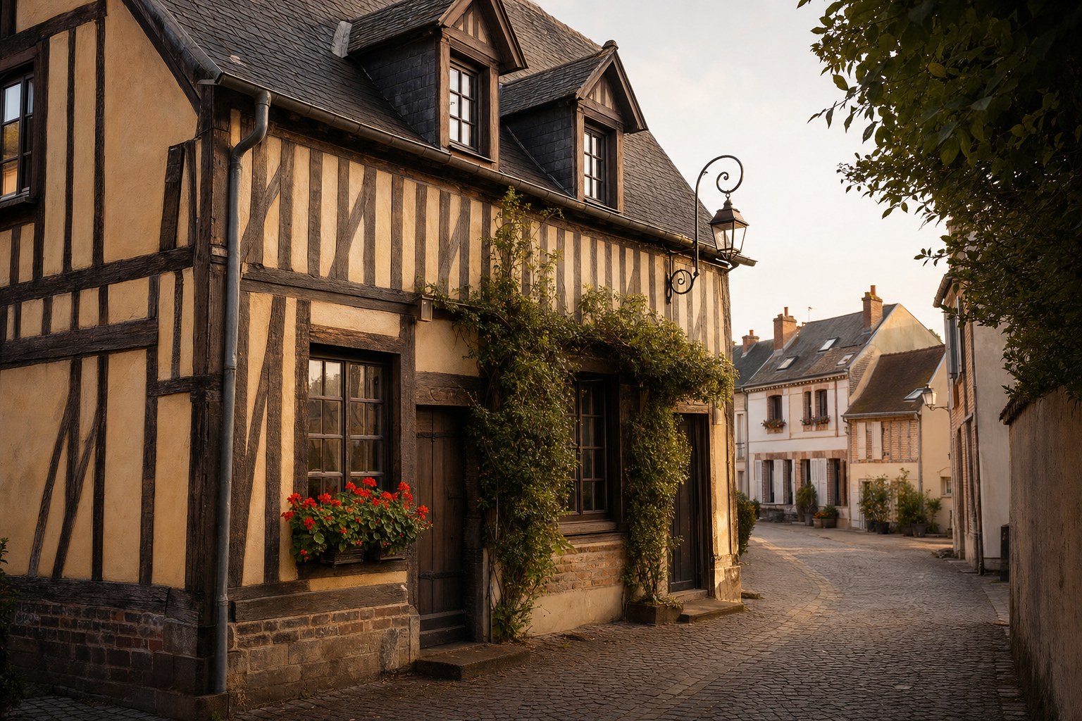 Maison à colombages dans une rue pavée du centre historique de Louviers (Seine-Eure, 27400)