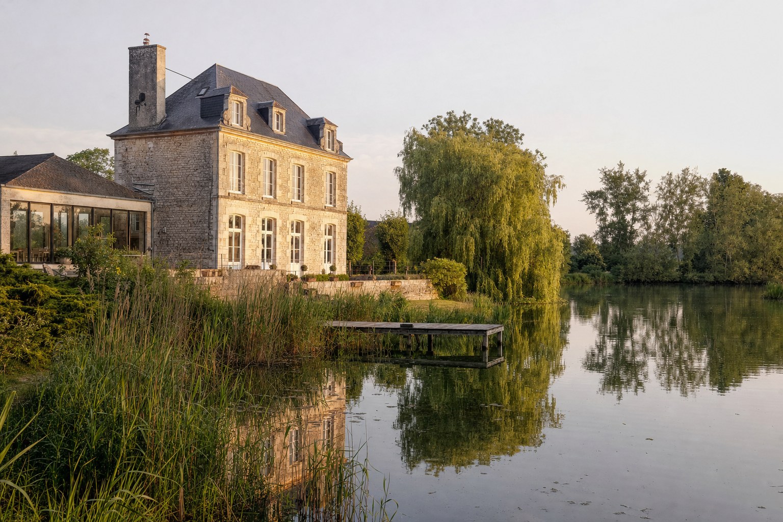 Patrimoine de la vallée : maison en pierre au bord du lac à Léry, près de l'usine hydroélectrique du Vaudreuil